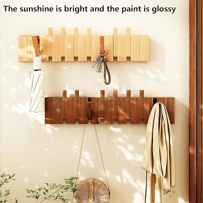 Wall Mounted Piano Key Hanger | Flip Style Hook | Entrance Wall Art Hook, Made of Oak Wood (3 Times Painted, 4 Times Polished) (Walnut-Beech, 8Hooks)-Ruum Studio Home