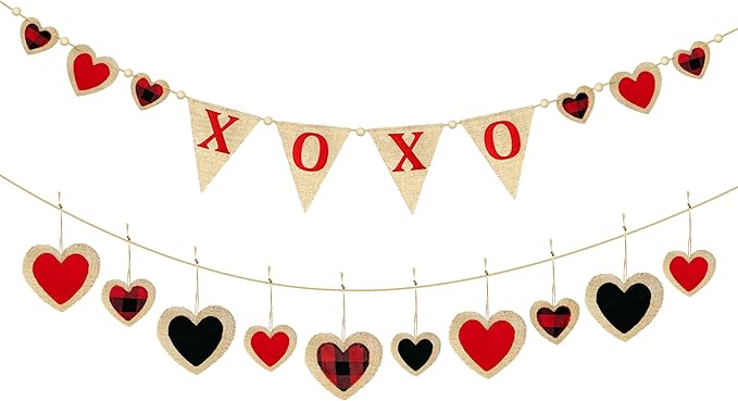 Valentine’s Day Party Decorations Felt XOXO Sign Triangle Pennant Banner Flag Buffalo Plaid Red Black Heart Burlap Garland with Wood Beaded for Wedding Birthday Valentine’s Day Party Supplies-Ruum Studio Home