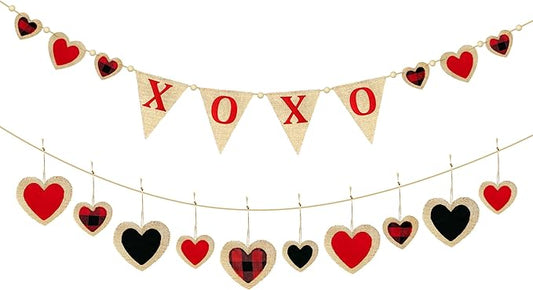 Valentine’s Day Party Decorations Felt XOXO Sign Triangle Pennant Banner Flag Buffalo Plaid Red Black Heart Burlap Garland with Wood Beaded for Wedding Birthday Valentine’s Day Party Supplies-Ruum Studio Home