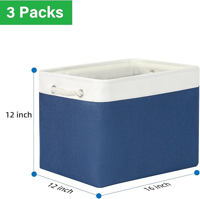 Bidtakay Large Storage Baskets for Shelves 3 Pack Fabric Storage Bins for Organizing Navy Blue Decorative Baskets Linen Collapsible Organizer for Closet-Ruum Studio Home