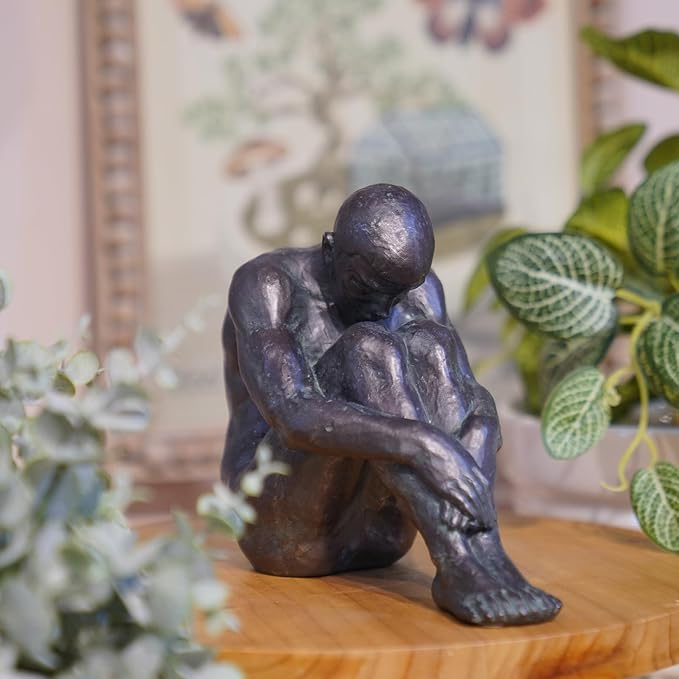 Guichifun Sitting Man Sculptures Home Decor - Resin Bronze Male Holding Arms Legs Lonely Statues Decorative Objects Outdoor Gift for Men 7.5 x 3.7 x 5.8 Inch-Ruum Studio Home