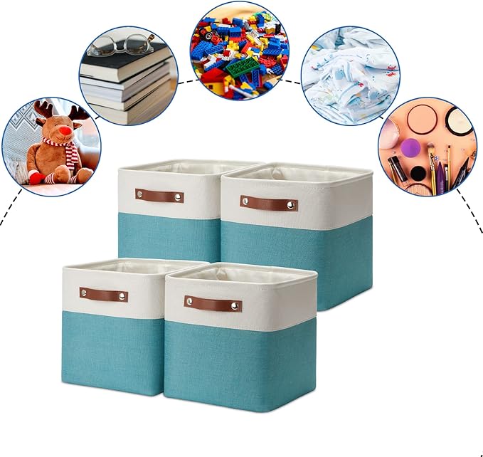 DULLEMELO Foldable Storage Cubes 11 x 11 Organizer Bins,Canvas Storage Bins Empty Gift Baskets for Organizing with SturdyLeather Handles, Closet Baskets for Nursery Storage(4 Pack - 11" White&Teal)-Ruum Studio Home