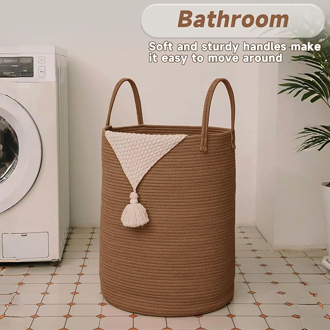 Large Woven Laundry Basket Hamper,100L Cotton Rope Storage Bin for Blankets,Toys and Clothes,Decorative Tall Nursery Hamper for Living Room,Baby Nursery,Bathroom and Bedroom,Golden Jute-Ruum Studio Home
