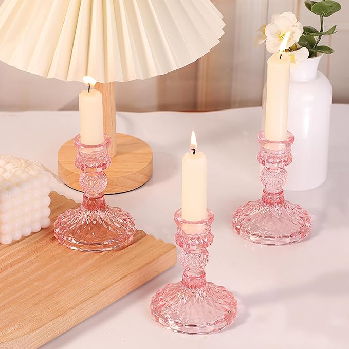 12Pcs Pink Candlestick Holders Set- 4" H Taper Candle Holders Bulk, Glass Candle Holders for Wedding, Party, Romantic Dinner Table Centerpieces, Festival Gifts & Windowsill Decor-Ruum Studio Home