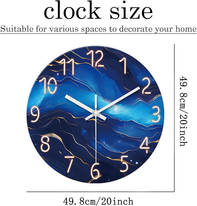 Blue Glass Wall Clocks Battery Operated 20 Inch Marble Large Wall Clocks for Living Room Round Non Ticking Wall Clock Silent-Ruum Studio Home