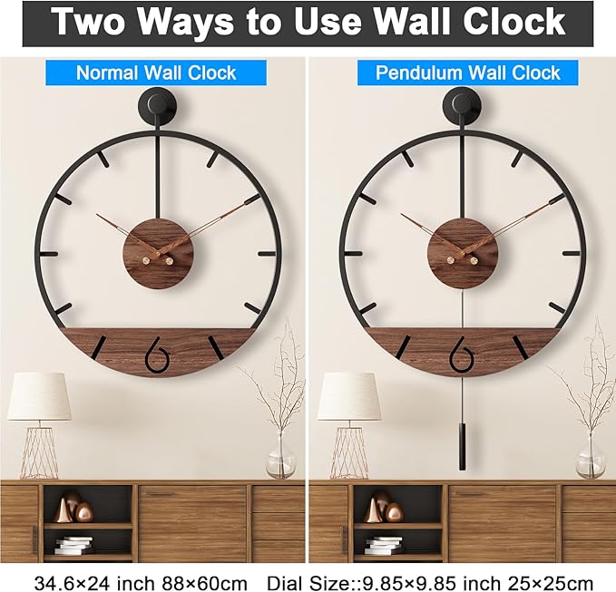 34.6×24 Inch Large Modern Decorative Pendulum Wall Clock,Big Metal Farmhouse Oversized Silent Wall Clocks Minimalist Elegant Walnut Dial Pointers for Living Room,Office,Dining Room Decor-Ruum Studio Home