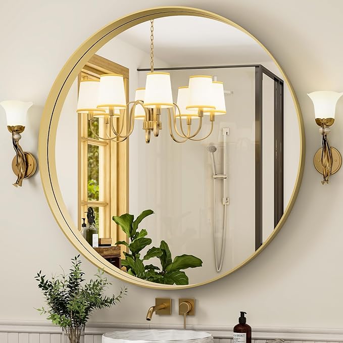 32 Inch Round Bathroom Mirror - Wall Mounted Circle Mirror with Metal Frame, Modern Mirror Suitable for Bathroom, Vanity, Entryway, Living Room, Wall Decor,Gold-Ruum Studio Home