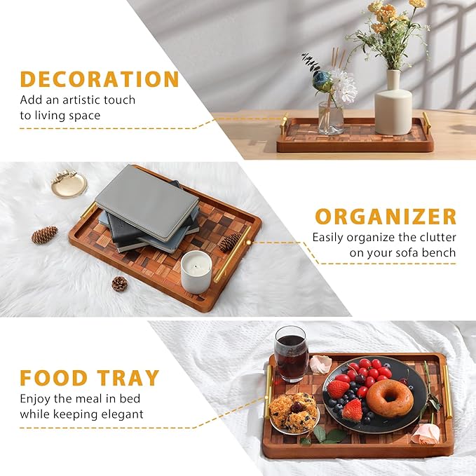 Wooden Serving Tray with Handles Mat, Decorative Coffee Table Trays, Wood Ottoman Tray for Serving Food Drink Breakfast Dinner,1 Pcs-Ruum Studio Home