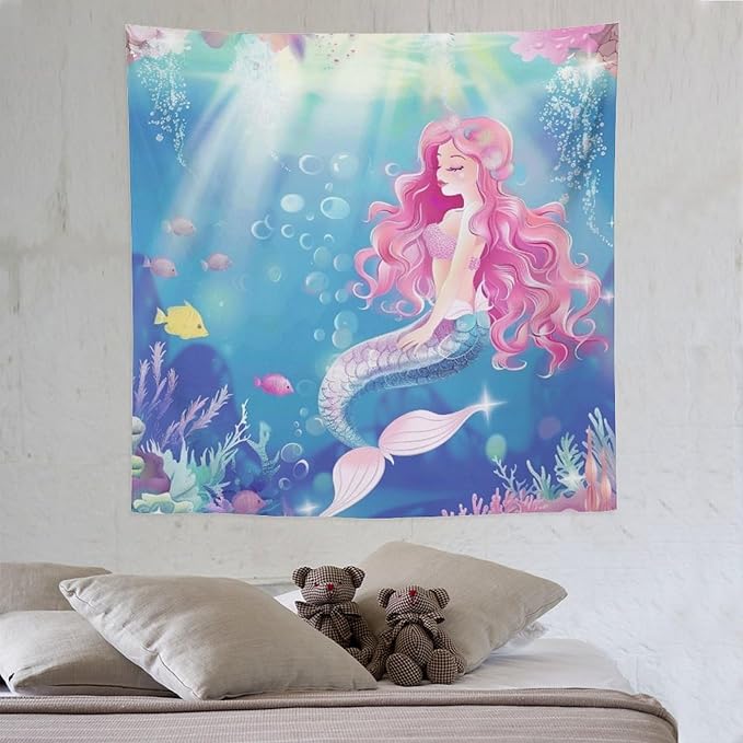 HZOHNAGO Mermaid Girls Tapestry Watercolor Mermaid Princess Pink Hair Pattern for Kids Room Decoration Printed Wall Tapestry Wall Hanging for Bedroom Living Room Dorm 60" W x 60" H-Ruum Studio Home