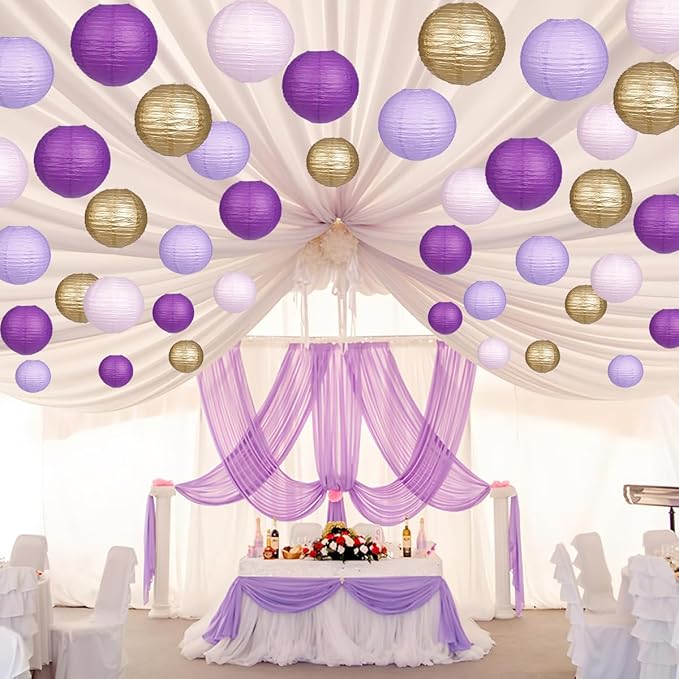 Paper Lanterns Purple Gold Round Hanging Chinese Lanterns for Birthday Baby Shower Bachelorette Party Decorations Pack of 12-Ruum Studio Home