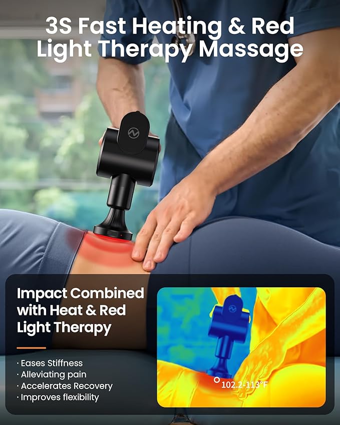 Massage Gun with Heat and Red Light Therapy,Deep Tissue Percussion Back Massager for Muscle/Neck/Body Pain Relief with Long Extension Retractable Handle,32-Speeds,Foldable,5 Adjustable-Ruum Studio Home