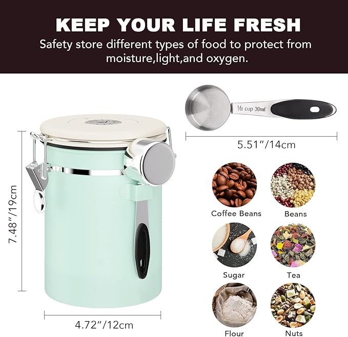 ShanSon Coffee Canister Airtight Coffee Container Stainless Steel Coffee Bean Storage Container with CO2 Release Valve and Scoop Coffee Canister for Beans,Grounds,Sugar,Flour,Tea,Cereal,22OZ,Green-Ruum Studio Home
