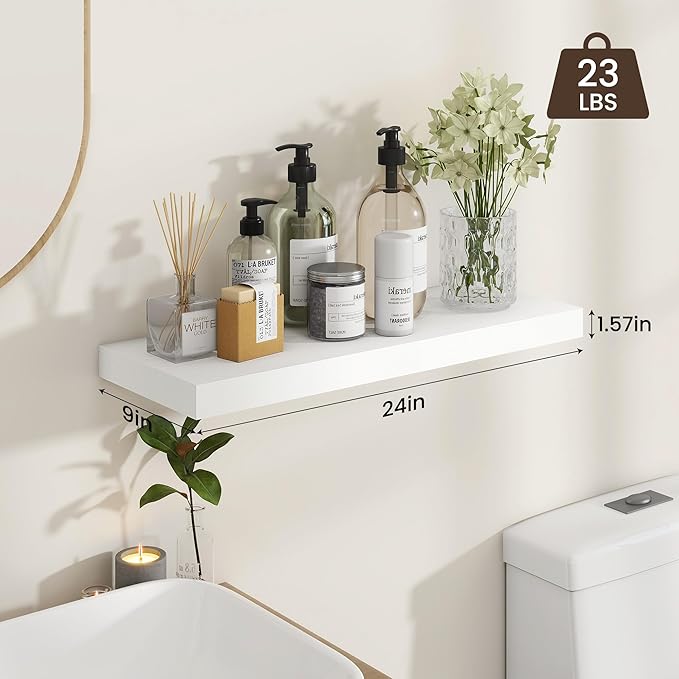 Heimlove 24 inch Floating Shelves for Wall,9.3 inch deep White Wood Shelves with Invisible Brackets,Wall Mounted Storage & Display Shelves for Bedroom,Living Room,Set of 2-Ruum Studio Home