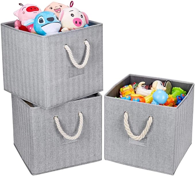 Robuy Cube Storage Bins,Grey Fabric Foldable Storage Bins,Set of 3 Stroage Boxes with Cotton Rope Handles for Organizer Home,Office, Nursery 13x13x13 inch-Ruum Studio Home