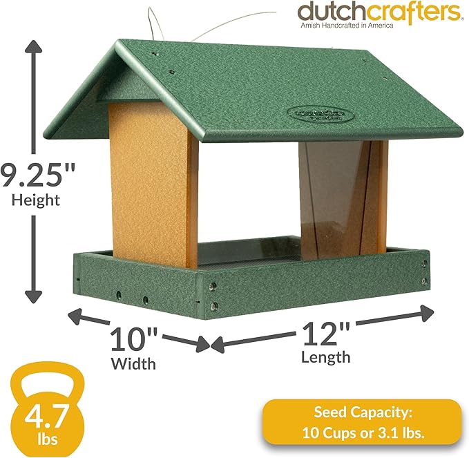 Poly Hanging Hopper Bird Feeder, Large Hanging Bird Feeder for Outside, Outdoors - Amish American Made (Turf Green & Cedar)-Ruum Studio Home