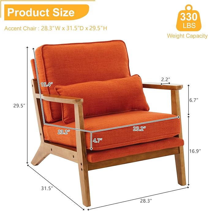 Karl home Accent Chair Wide Armrest Mid-Century Lounge Chair Linen Fabric Armchair with Lumbar Pillow & Solid Wood Frame for Living Room, Bedroom, Balcony, Burnt Orange-Ruum Studio Home