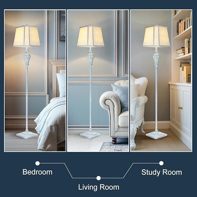 Vintage Floor Lamp with Nightlight, 65" Retro Standing Lamp with White Linen Shade, Washed Blue Finish Farmhouse Style Design Tall Lamp Decor for Living Room Bedroom Study Home Corner (Bulb Included)-Ruum Studio Home