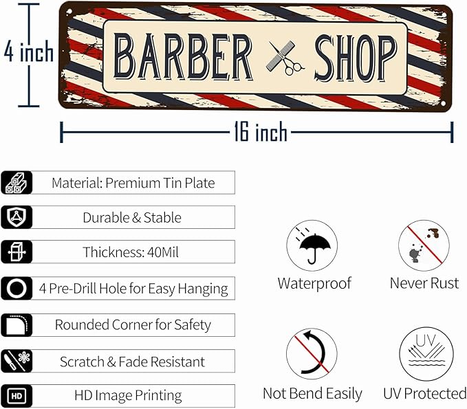 Barber Shop Decor Accessories - Barbershop Poster Metal Tin Signs Vintage Wall Art, Barber Gifts for Men Haircut Decorations 4x16 Inch-Ruum Studio Home