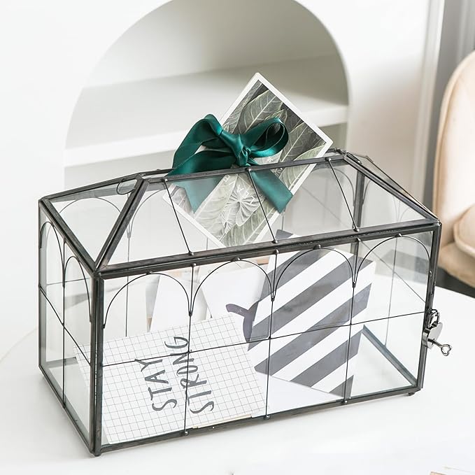 Wedding Card Box with Slot, 12.6'' Large Glass Card Boxes for Reception, Black Geometric Holder, Clear Decorative Storage Box with Lock for Baby Shower, Birthday Party, Christmas, Bridal Shower-Ruum Studio Home