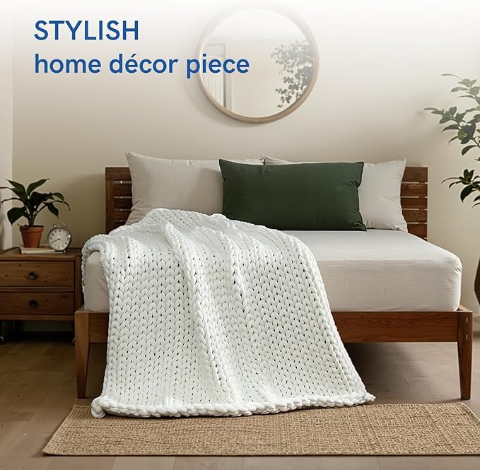 YnM Cooling Chunky Throw Blanket, Medium-Weight, Hand Knitted, Skin Friendly, Ventilated and Breathable, Machine Washable, Home Décor Piece for Couch, Sofa and Bed (White, 50x70 Inch)-Ruum Studio Home