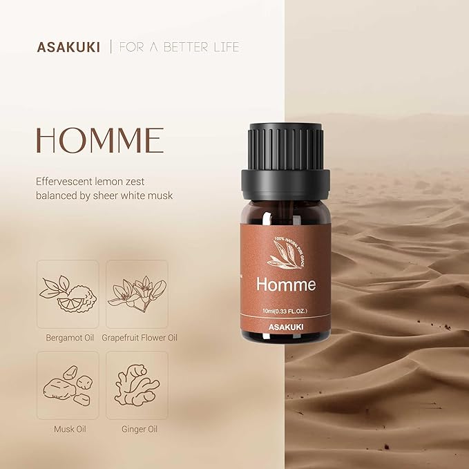 ASAKUKI Essential Oils Set – 6×10ml Cologne-Inspired Unisex Fragrance Oils for Diffusers – Elegant, Clean, and Confident Scents Loved by Women and Men-Ruum Studio Home