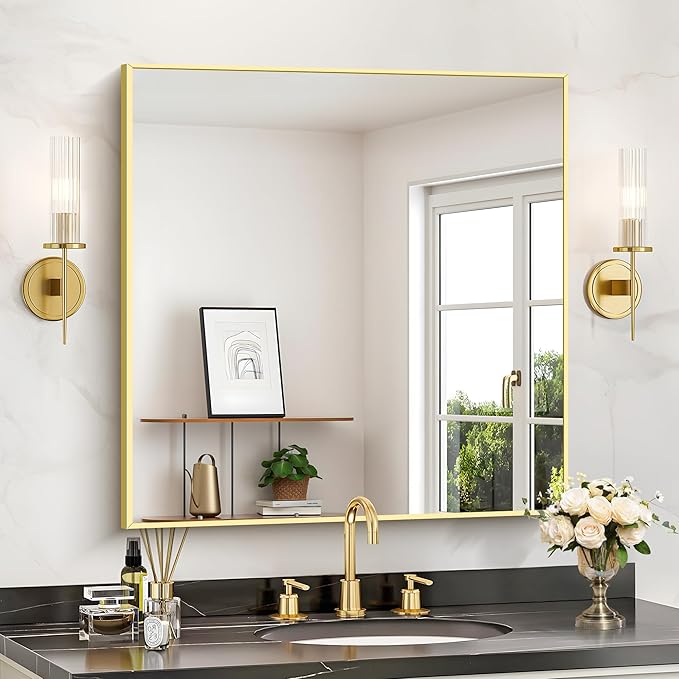Gold Bathroom Mirror for Wall, 30x30 Inch Rectangle Mirrors with Metal Frame, Modern Vanity Wall Mirror Decor for Bathroom Living Room, Entryway Hangs Horizontal or Vertical-Ruum Studio Home