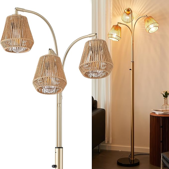 Gold Rattan Floor Lamp for Living Room, 72 Inch Tall Boho Floor Lamp with Rotary Switch, 3 Lights Arc Lamp with Wicker Shade for Coastal,Bohemian,Modern,Tree Farmhouse Standing Lamp-Ruum Studio Home