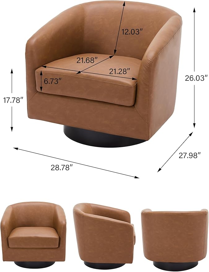 Swivel Barrel Accent Chair, Modern Round Faux Leather Arm Chair for Living Room, Bedroom, Comfy Club Reading Chairs for Adults-Faux Leather, Brown, Set of 1-Ruum Studio Home