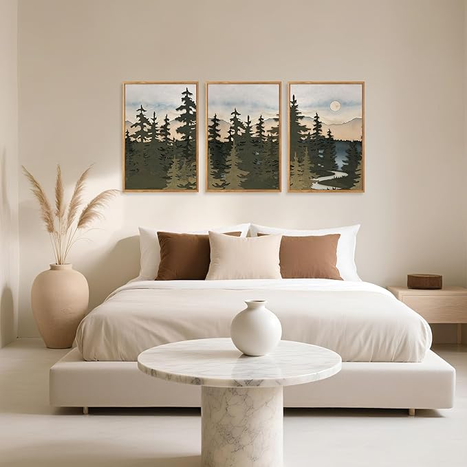 HPNIUB Vintage Mountain Framed Canvas Wall Art Set, Boho Sunrise Art Prints, Forest Nature Wilderness Art Paintings, Abstract Farmhouse Pine Tree Wall Decor for Living Room Bedroom, Office- 16"x24"x3-Ruum Studio Home