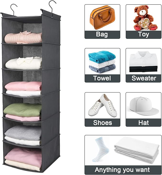 MAX Houser 6 Tier Shelf Hanging Closet Organizer, Closet Hanging Shelf with 2 Sturdy Hooks for Storage, Foldable (Grey)-Ruum Studio Home