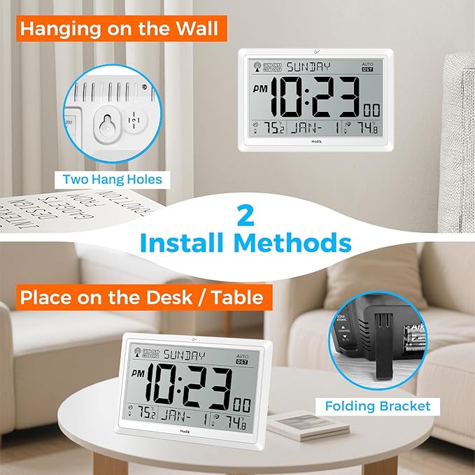 Wall Clock Atomic with Indoor Outdoor Temperature Battery Powered, Easy Reading with 10.5 Inch Large LCD Display, 330FT Range Table Wall Clock with DST, 12/24 Hour for Living Room Kitchen (White)-Ruum Studio Home