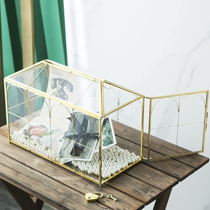 Glass Wedding Card Box with Slot, 12.6 inch Large Clear Card Box Gold Brass Gift Card Storage Box with Lock for Wedding Receptions, Baby Shower, Birthday Party, Bridal Shower-Ruum Studio Home