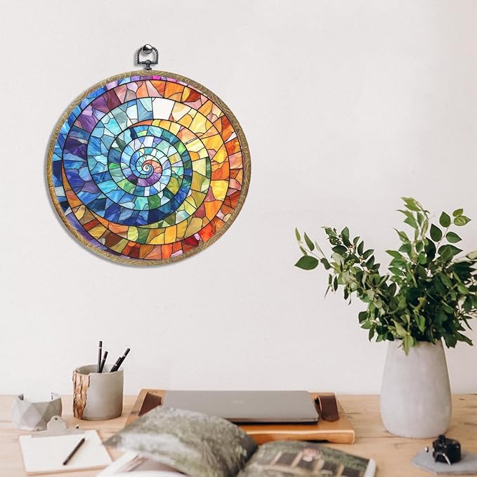 Colorful Boho Rainbow Geometric Spiral Sun Art Gift Framed Round Wall Decor Canvas Wall Art Hanging Prints Artwork for Home Office Porch Nursery Bedroom Living Room Decorations 10.2X10.2 Inch-Ruum Studio Home