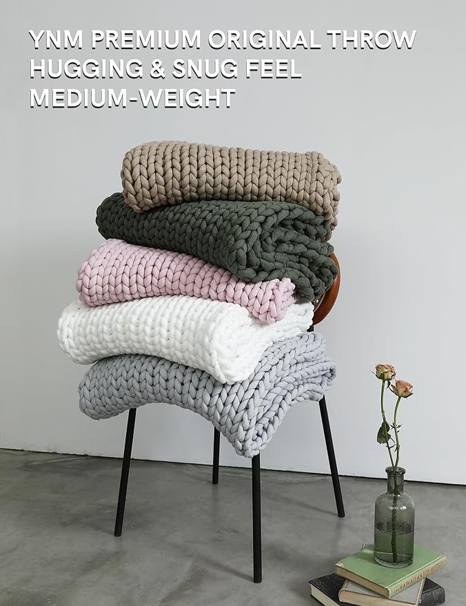 YnM Chunky Throw Blanket, Medium-Weight, Hand Knitted, Skin Friendly, Ventilated and Breathable, Machine Washable, Home Décor Piece for Couch, Sofa and Bed (White, 60x80 Inch)-Ruum Studio Home