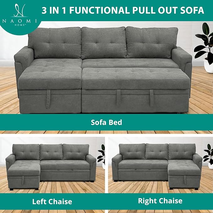 Naomi Home L-Shaped Reversible Sectional Sofa with Pull-Out Sleeper Bed and Storage Chaise, Gray Velvet-Ruum Studio Home