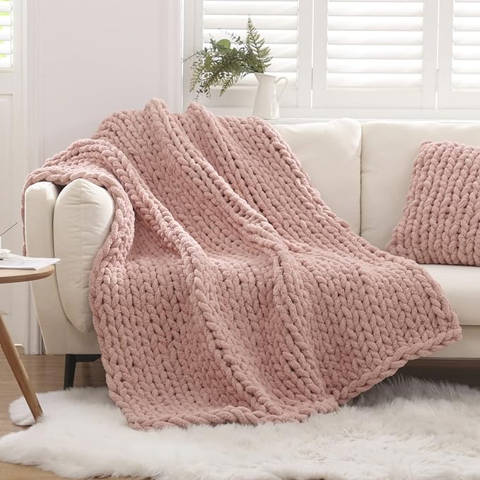 WESHIONGOO Chunky Knit Blanket Throw 50"×60" Knitted Throw Blankets for Couch Bed Fluffy Soft Blanket with Jumbo Chenille Yarn Thick 100% Handmade (Pink)-Ruum Studio Home