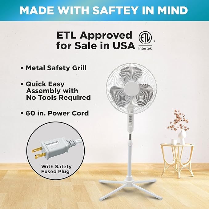 EZ-CHILL 16” Oscillating Pedestal Fan, 3-speed Options, 90-Degree Oscillating Head, Adjustable Height and Tilt, Powerful Air Flow, Black, MTFS-16B-BLK-Ruum Studio Home