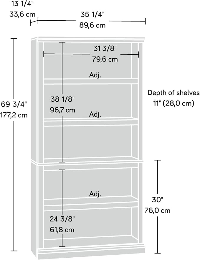 Sauder Miscellaneous Storage 5 Bookcase/Book Shelf, L: 35.28" x W: 13.23" x H: 69.76", Jamocha Wood-Ruum Studio Home