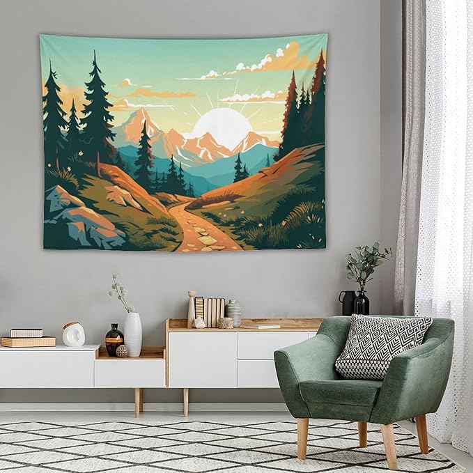 HZOHNAGO Mountain Tapestry Forest Mountain Sunrise Road Pattern Printed Wall Tapestry Wall Hanging for Bedroom Living Room Dorm 80" W x 60" H-Ruum Studio Home