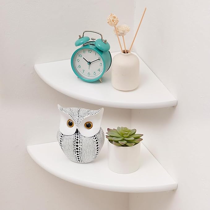 Corner Shelves, Floating Corner Shelf, Set of 2 White Solid Oak Wood Wall Shelves, Round End Wall Mount with Wire Hole Shelving for Small Plant for Bedroom Kitchen, Living Room 8.7"-Ruum Studio Home