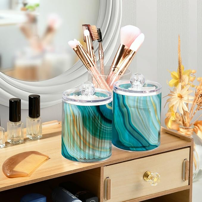 2 Pack Qtip Holder Dispenser Teal Turquoise Blue Marble Bathroom Storage Canister Lid Acrylic Plastic Apothecary Jar Set Vanity Makeup Organizer for Cotton Swab/Ball/Round Pads, Floss-Ruum Studio Home
