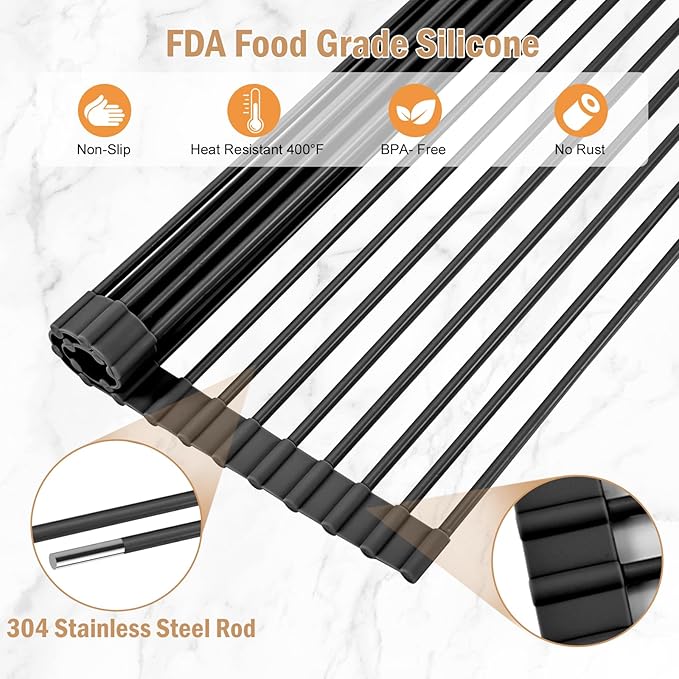 LEMIKKLE Roll Up Dish Drying Rack 17" x 13", Over The Sink Dish Drainer Rack, Foldable Sink Drying Rack, Anti-Slip Silicone Wrapped Dish Drainer for Kitchen Counter (Black)-Ruum Studio Home