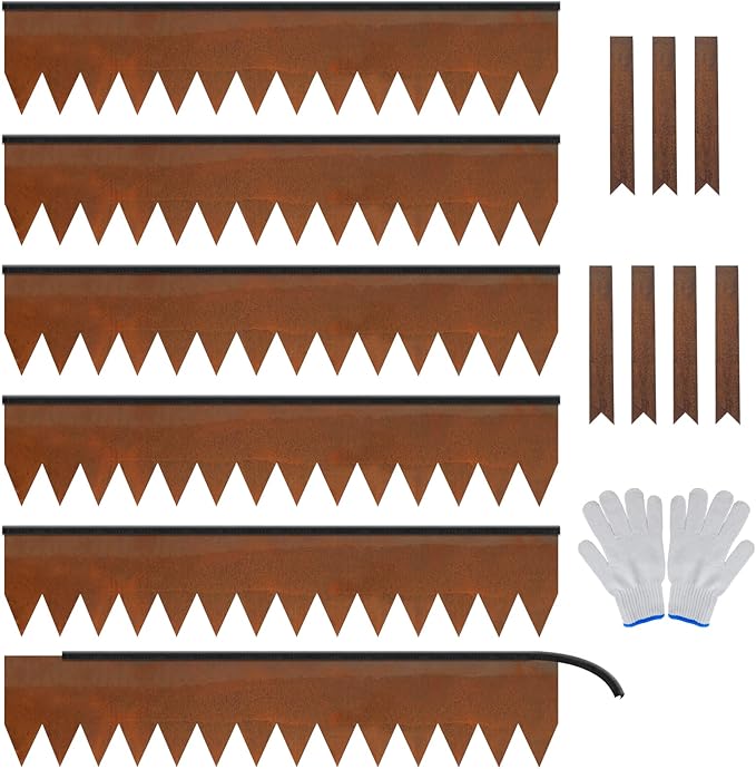 Worth Garden 6-Pack Cor-Ten Steel Landscape Edging with Black Protection Strips - Rust Patina Finish 40" L x 8" H (20Ft Total) - Hammer-in 14-Gauge Metal Corten Lawn Yard Edging Border w/ 7 Clips-Ruum Studio Home