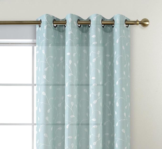 MIUCO Floral Embroidered Semi Sheer Curtains Faux Linen Grommet Window Panel Pair for Kitchen 52 x 63 Inch, Subtle Green-Ruum Studio Home