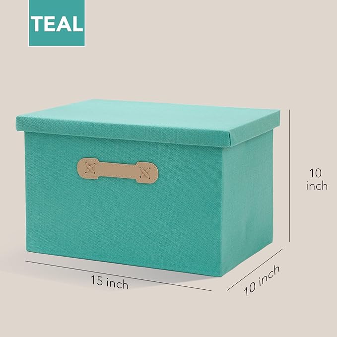 Enzk&Unity Decorative Storage Bins with Lids, Fabric Linen Foldable Storage Box with Handle Home Organizer for Shelf, Closet, Bedroom, Living Room, Office, 3 Packs, Teal-Ruum Studio Home