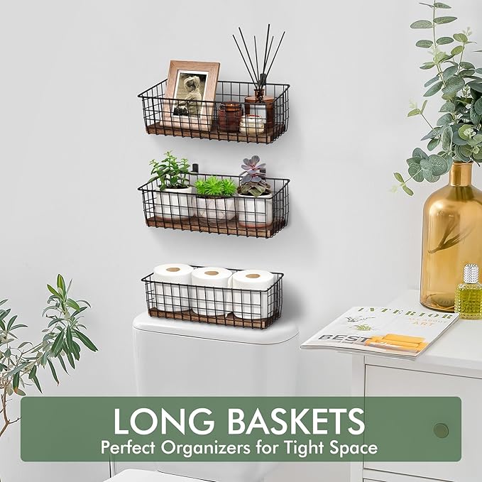 Wall Hanging Baskets 3 Pack, Extra Large Diversified Wire Basket Shelves of Wooden Style, with Wall Mounted Hooks & Traceless Stickers, for Kitchen Coffee Bar Office Room Garage Storage Organization-Ruum Studio Home