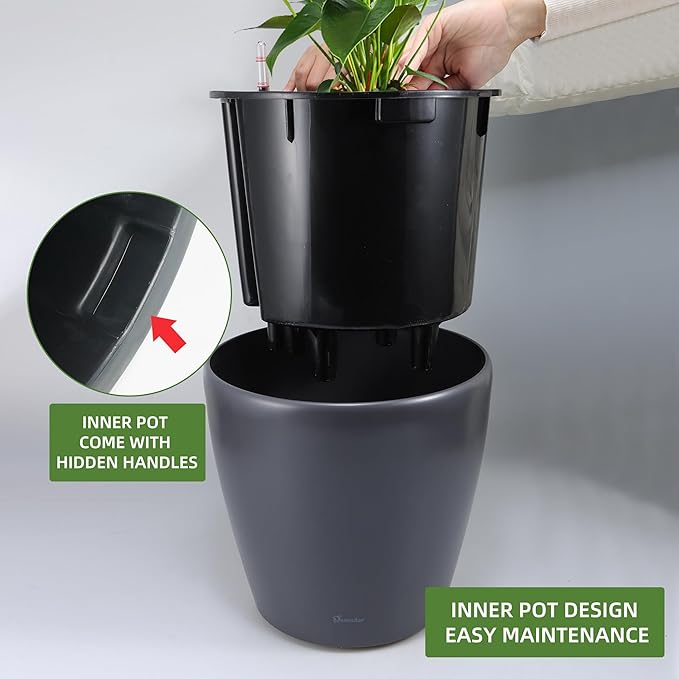 Dexceder 15x14 Self Watering Planter with Wheels Indoor Outdoor, Inner Pot Design, Thickened Large Floor Standing Flower Plant Pot with Water Level Indicator (Slate Gray Matte)-Ruum Studio Home