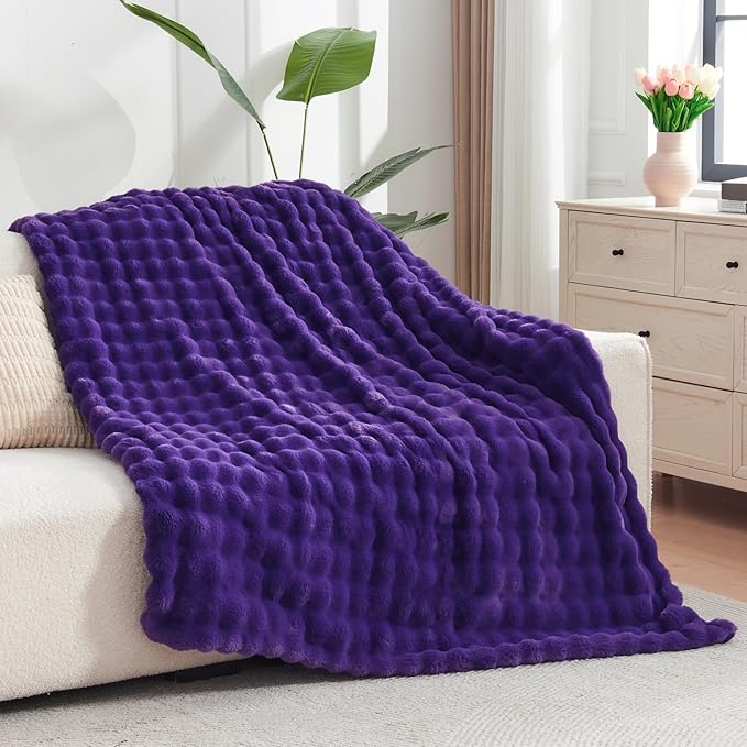 NEWCOSPLAY Faux Fur Throw Blanket Purple Bubble Blanket Thick Warm Soft for Couch Sofa Bed 550GSM (Purple, Throw(50"x60"))-Ruum Studio Home