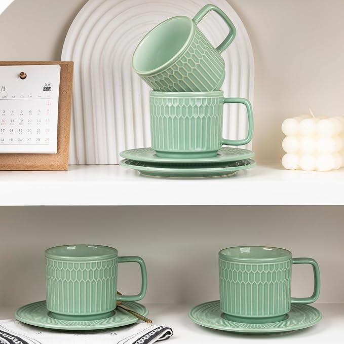 Large Cappuccino Cups with Saucers Set of 4, 8 Ounce Stackable Embossed Ceramic Coffee Mugs for Specialty Coffee Drinks, Latte, Cafe Mocha and Tea, Dishwasher & Microwave Safe (Green)-Ruum Studio Home