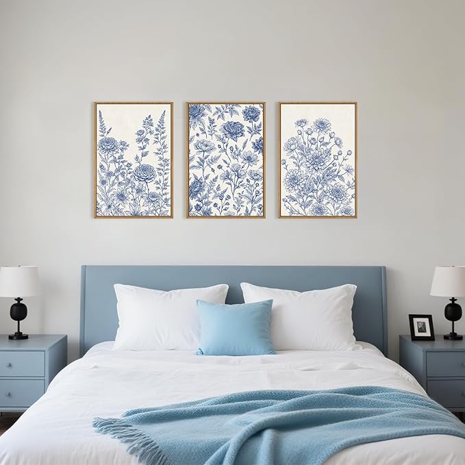Classic Chinoiserie Floral Framed Canvas Wall Art Set, Blue and White Flower Wall Decor, Navy Watercolor Wall Painting, Minimalist Wildflower Art Print for Living Room, Bedroom - 16"x24"×3-Ruum Studio Home